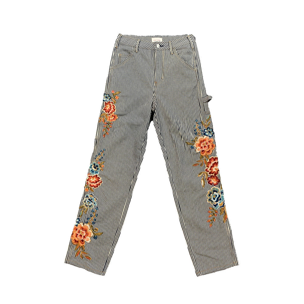 Driftwood Pants Womens 25 Black White Carpenter Stripe Floral Embroidered Cargo